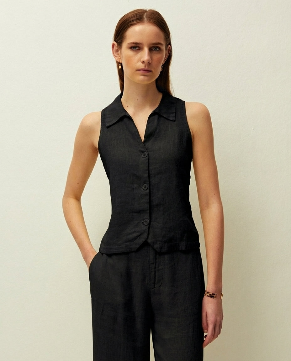 Linen vest with shirt collar