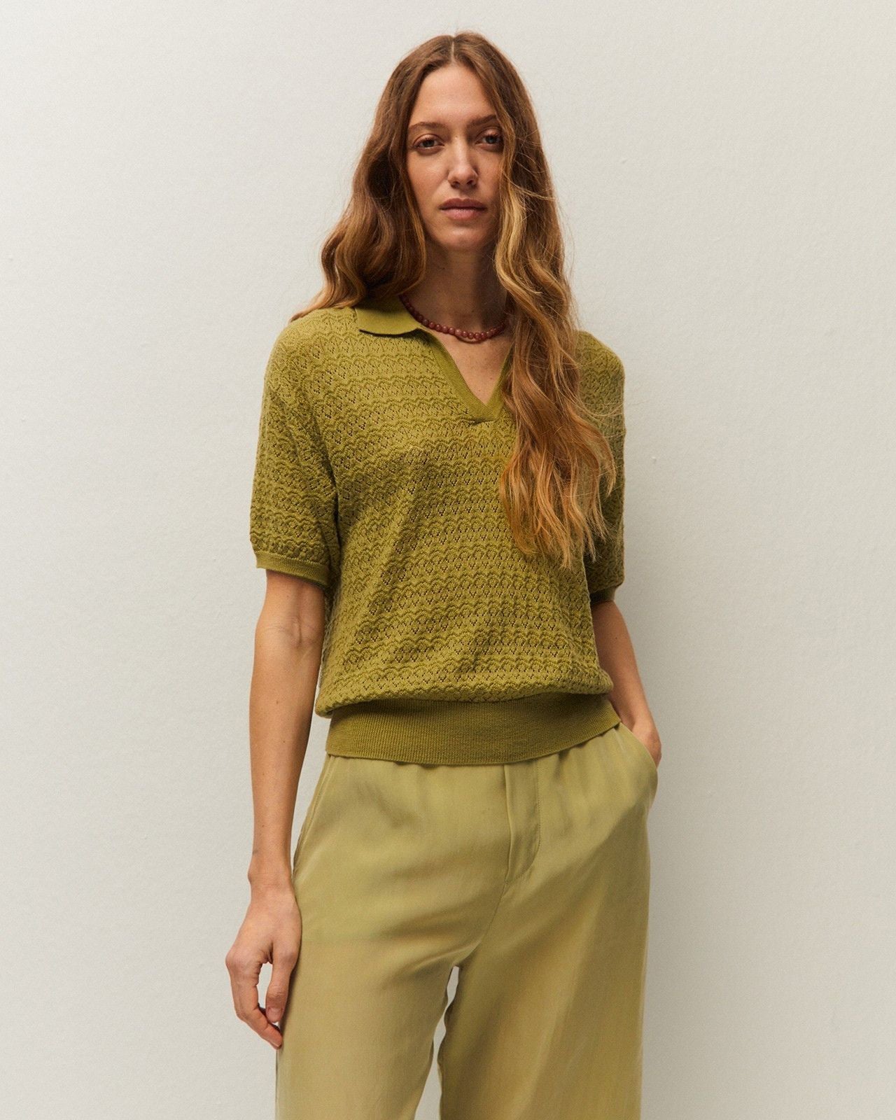 Open-knit polo sweater