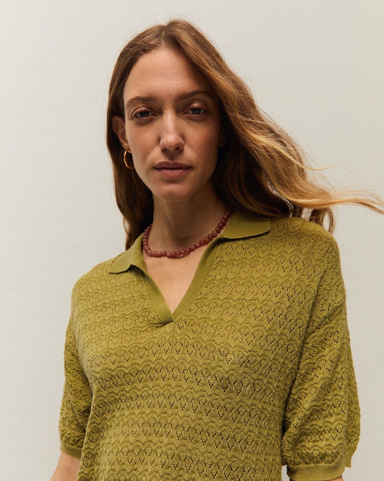 Open-knit polo sweater
