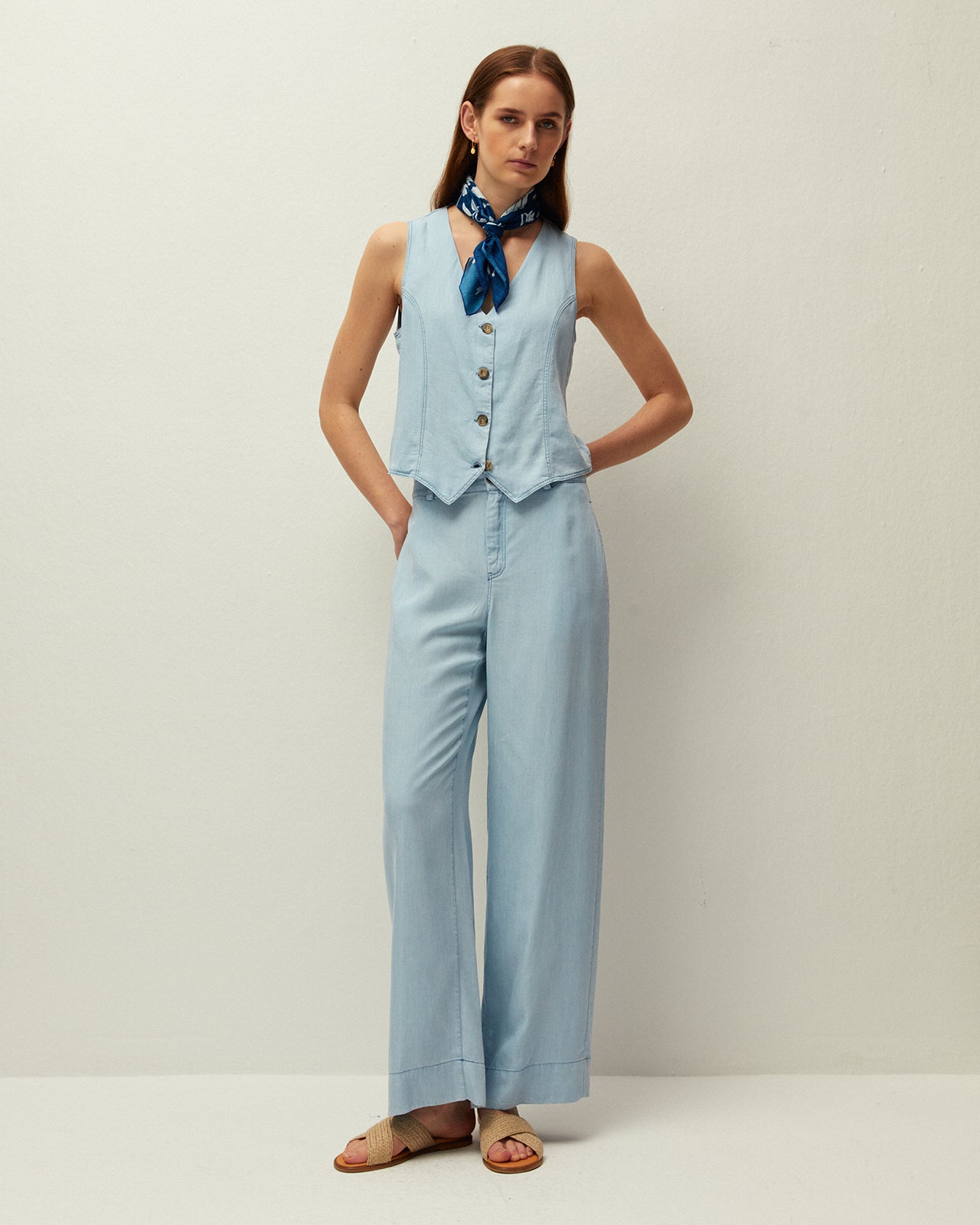 Flowy denim-effect trousers