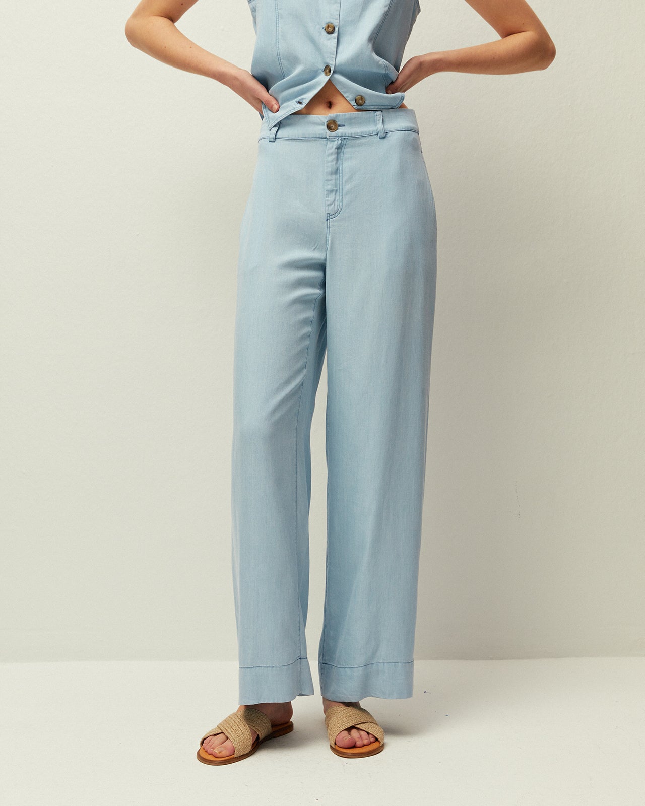 Flowy denim-effect trousers